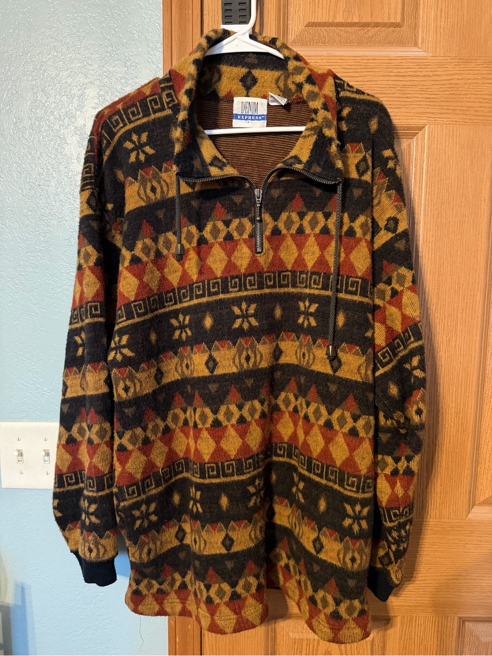 Vintage 90s Denim Express Southwestern Aztec Quarter Zip Sweater Pullover Large